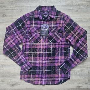 NWT Men's Angry Minnow Vintage Black And Purple Plaid Flannel Shirt Small